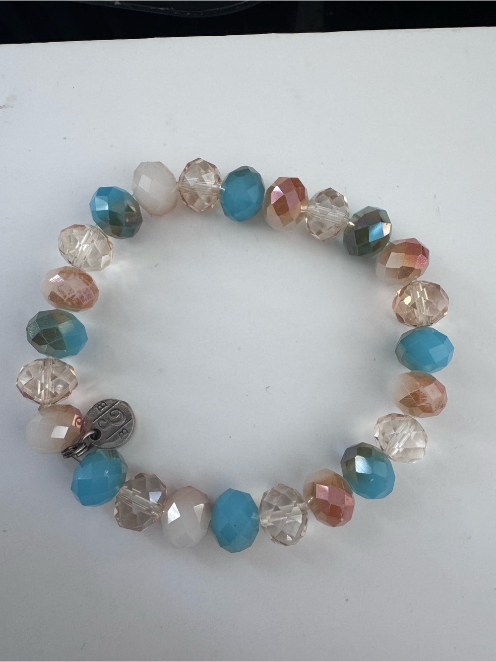 stretchy bracelet pastel blue clear iridescent peach faceted glass beads by BEB